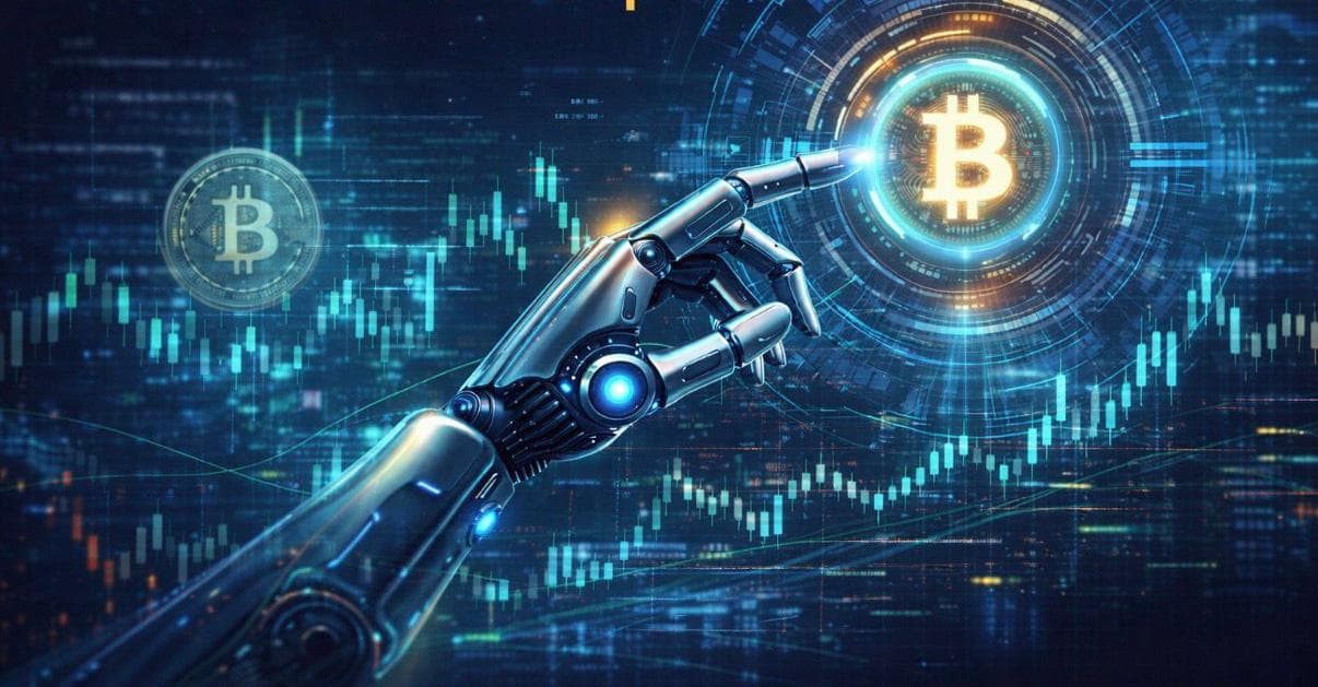 Automated cryptocurrency trading concept with AI robotic hand and financial market charts